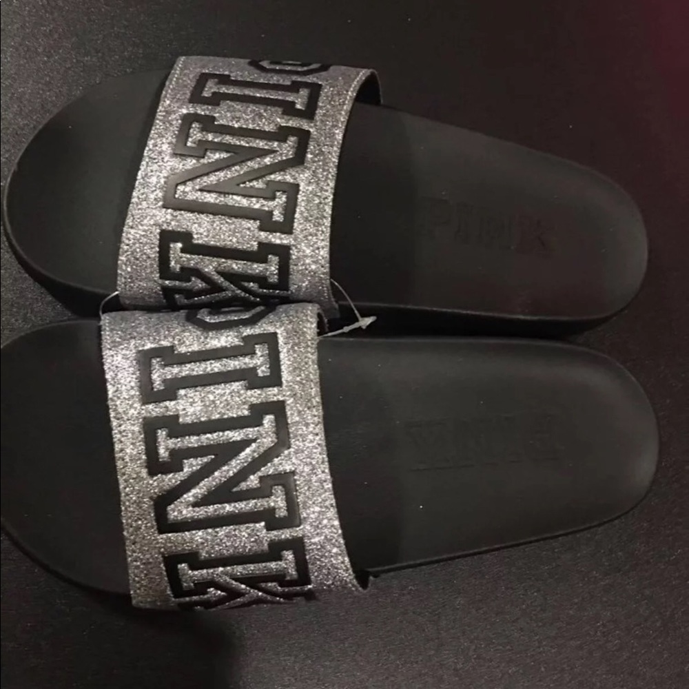 PINK VS Silver Glitter Slides Sz Med NWOT